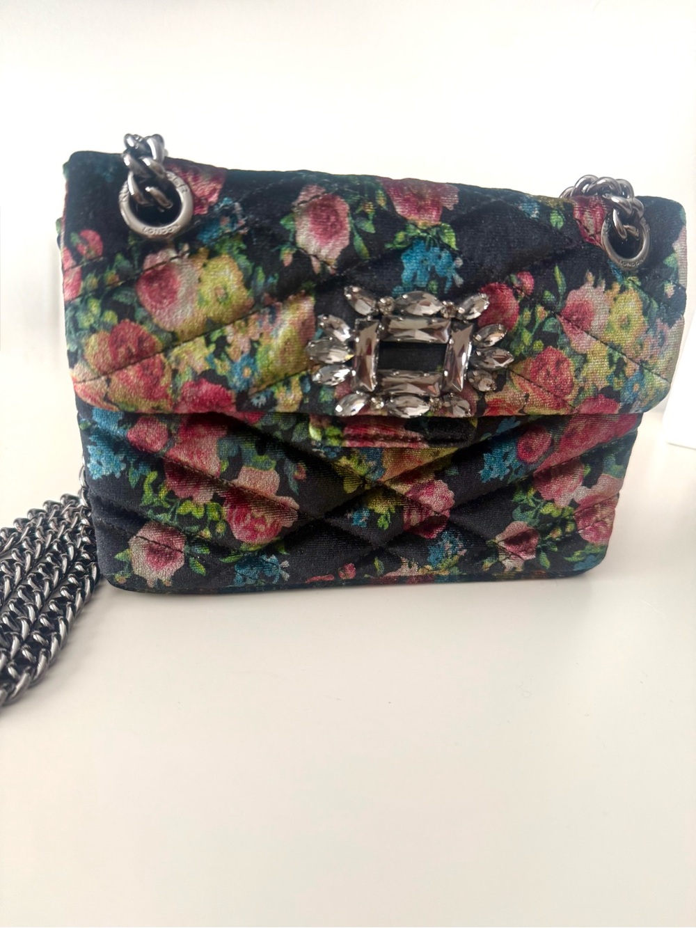 Kurt Geiger Black Floral Velvet Crossbody with Crystal Buckle